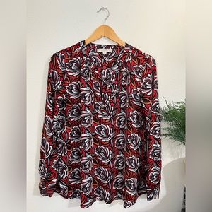 LOFT 100% Polyester Floral V-Neck Long Sleeve Blouse Top Small